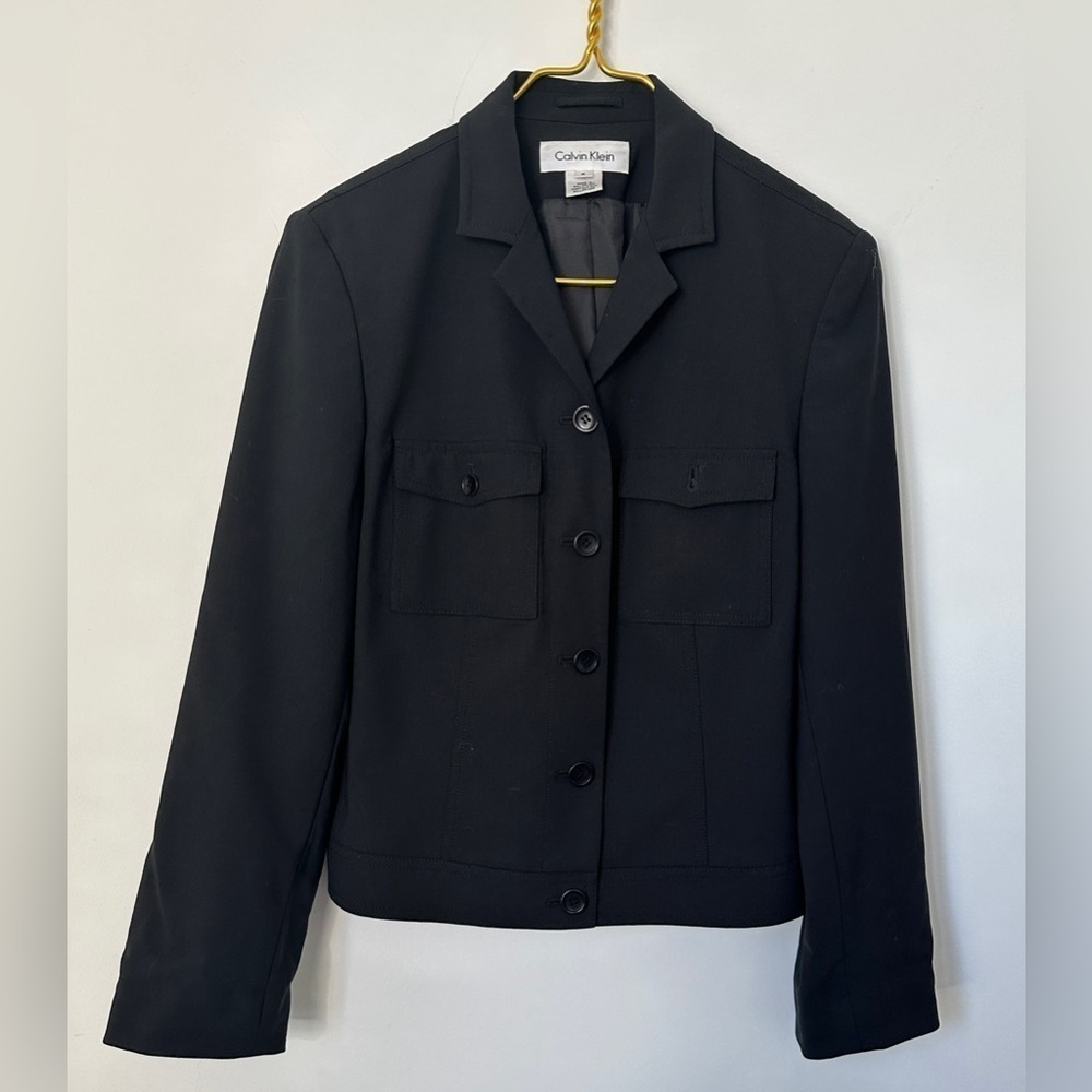 Calvin Klein Black Wool Blend Collared Button Up Lined Stretch Jacket Women’s 8